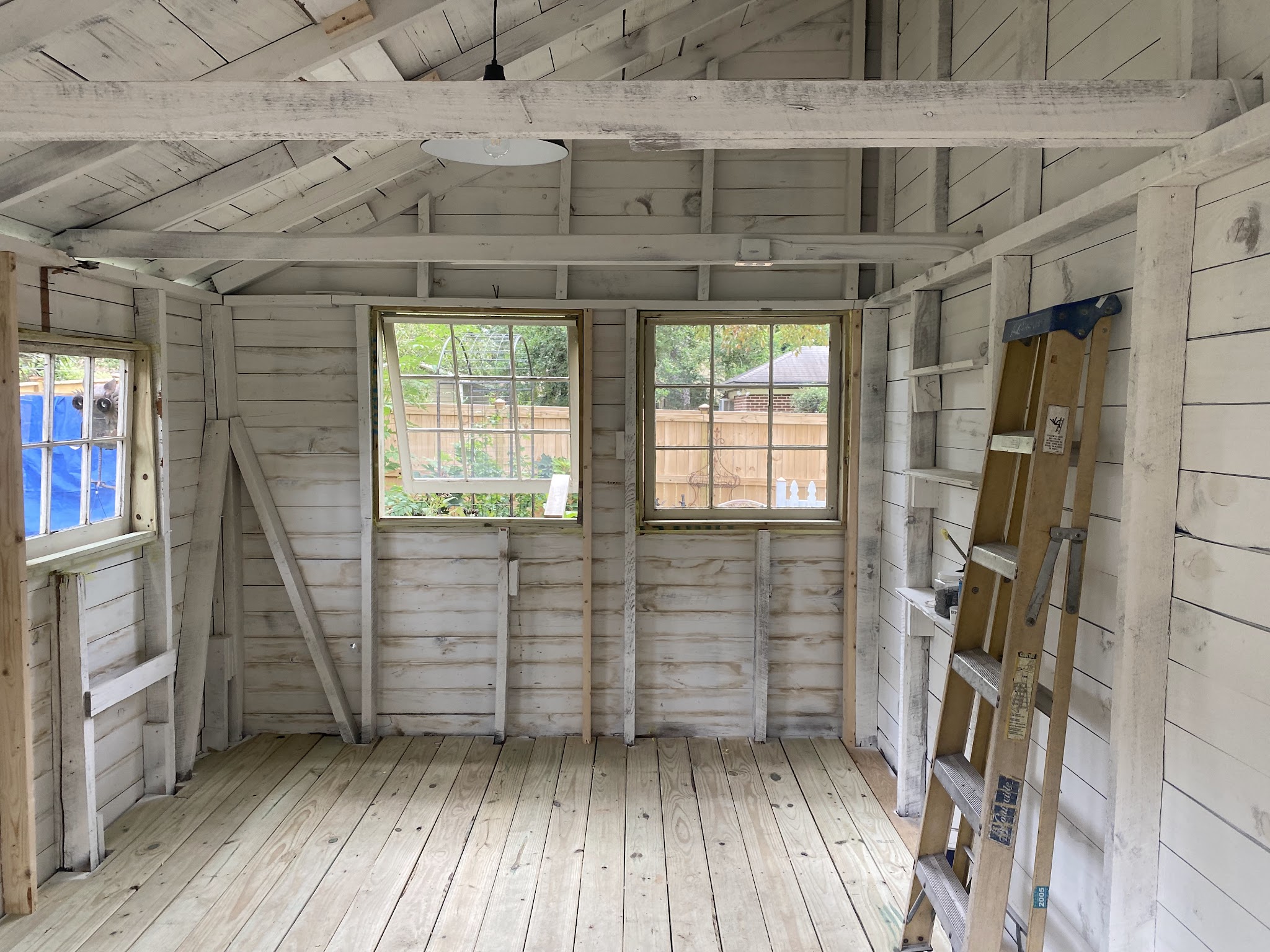 Shed interior with a new plank floor and refitted windows